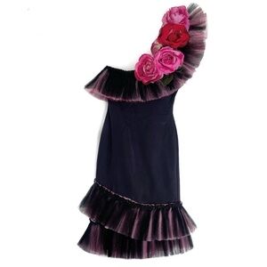 HOUSE OF FIELD BY PATRICIA FIELD Vintage Mini Tulle One Shoulder Dress w/ Roses